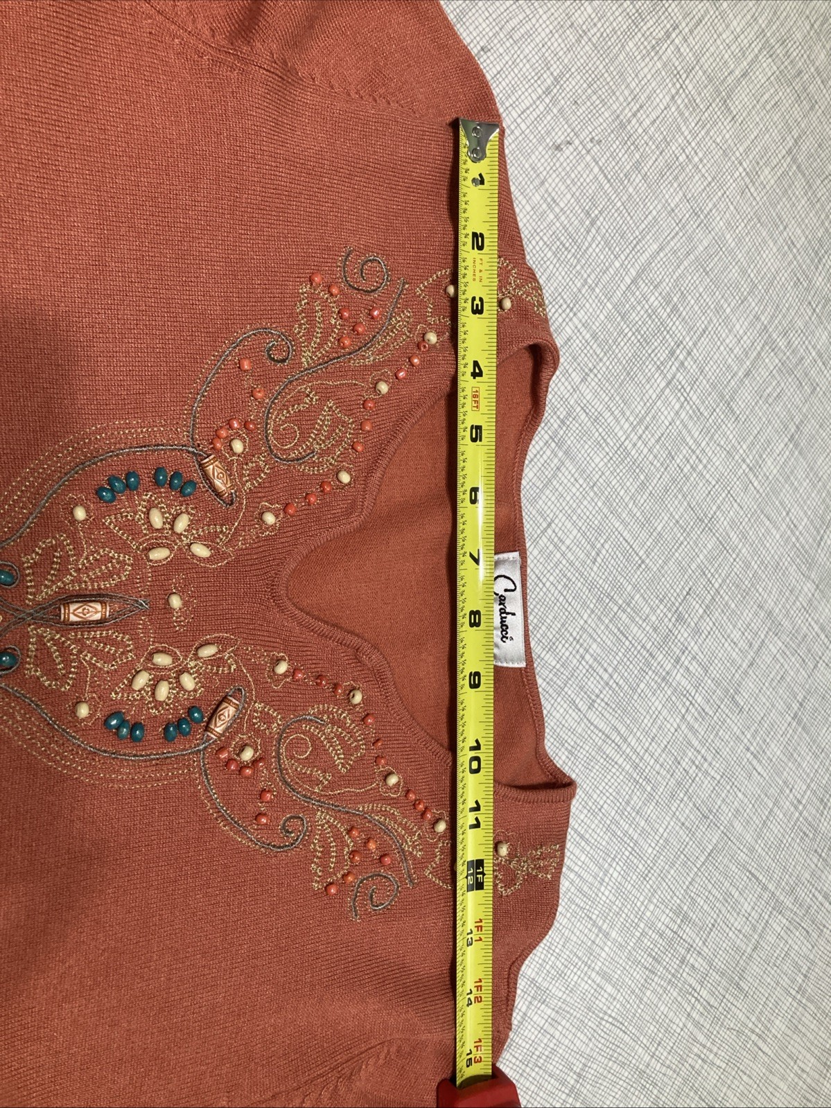 Vintage 90s Carducci Beaded Bib Sweater Top Size L Rust Orange Boho Grandmacore