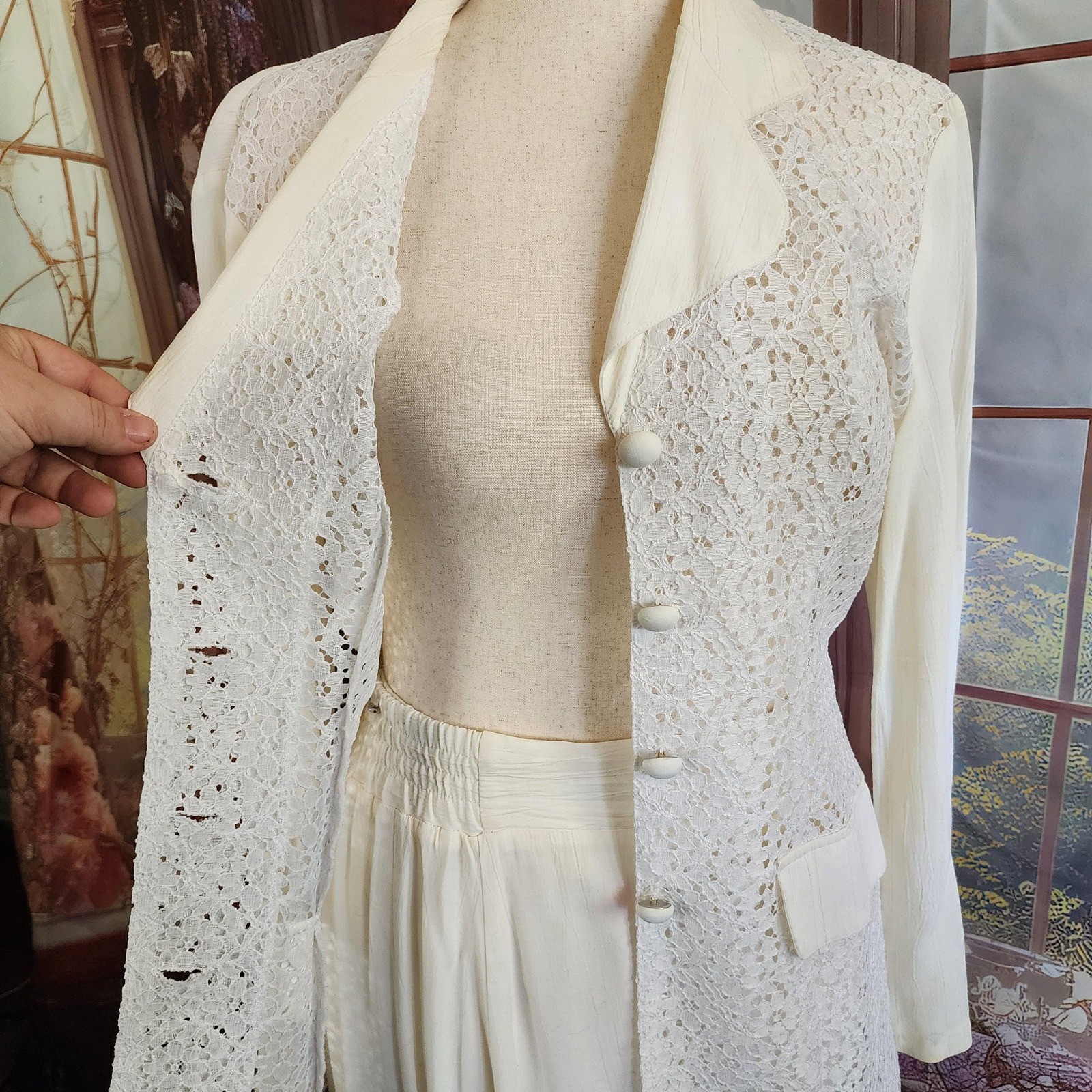 Francine Browner Vintage Lace Front Blouse & Pleated Maxi Skirt Set Off White M