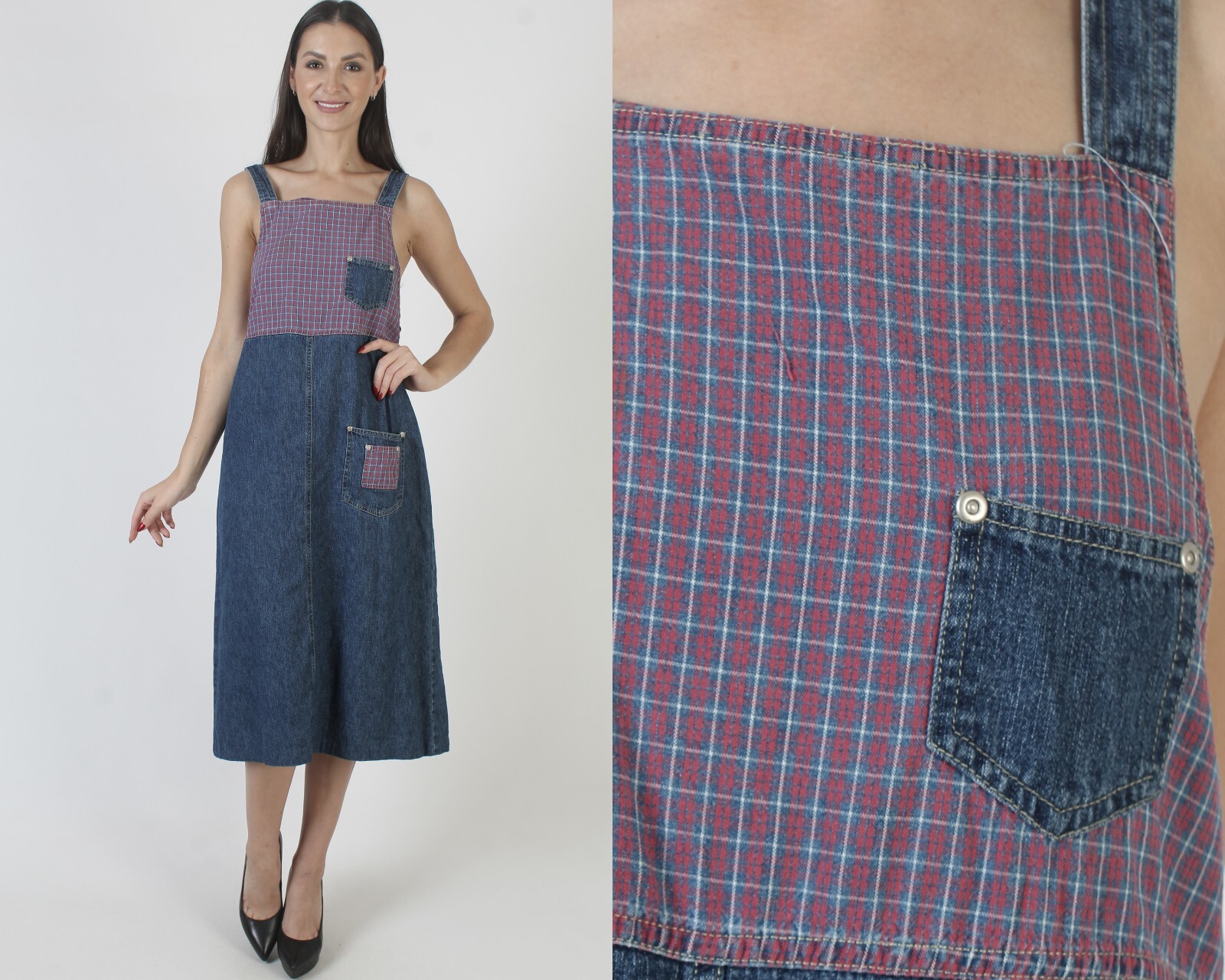 Vtg 90s Blue Jean Denim Dress Plaid Grunge Gypsy Pocket Suspender Sundress M