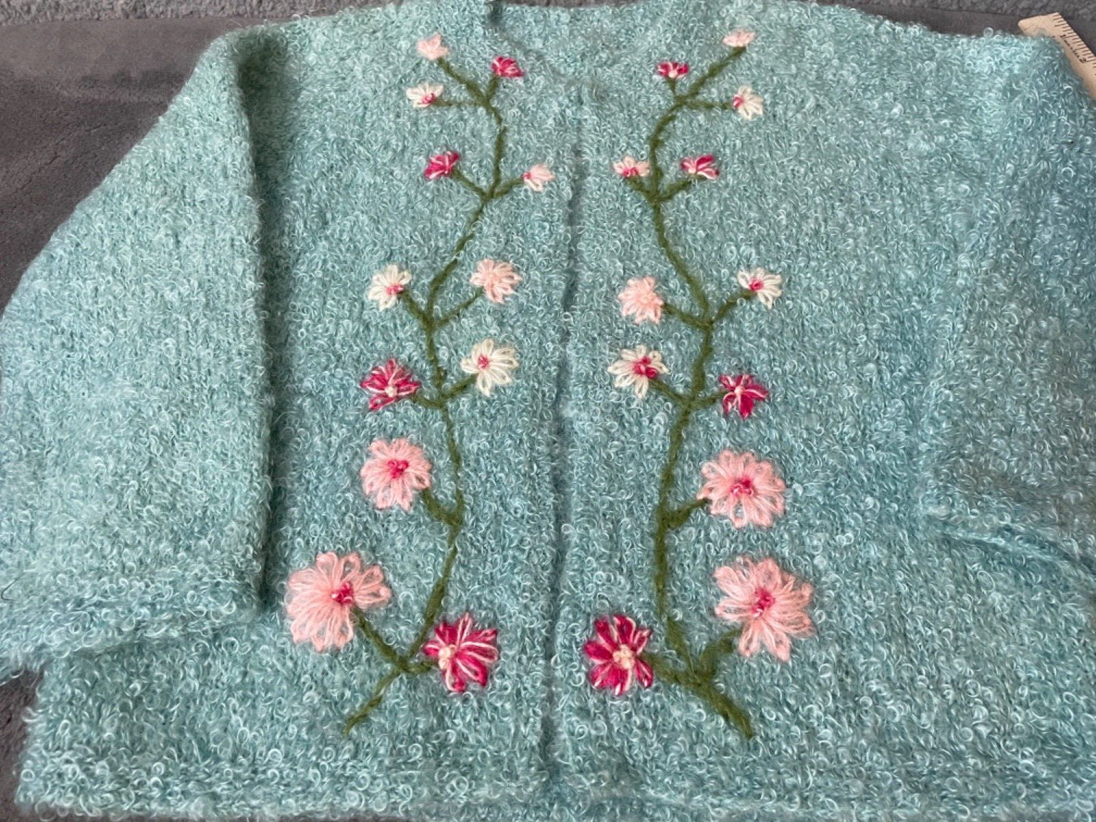 VTG Artisan Made Hand Knit Cardigan Sweater Womens S/M Aqua Pink Floral Nubby