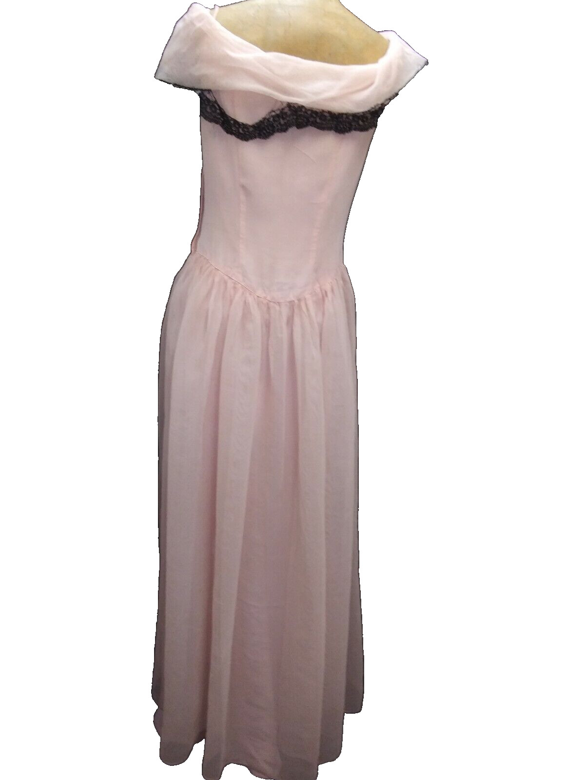 1950’s Pink Fine Mesh Acetate Black Lace Evening Gown by Beautime Medium As Is