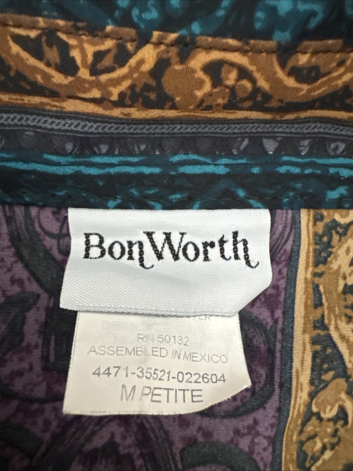 Vintage Bon Worth Blouse Teal Purple Gold button down, long sleeve medium petite