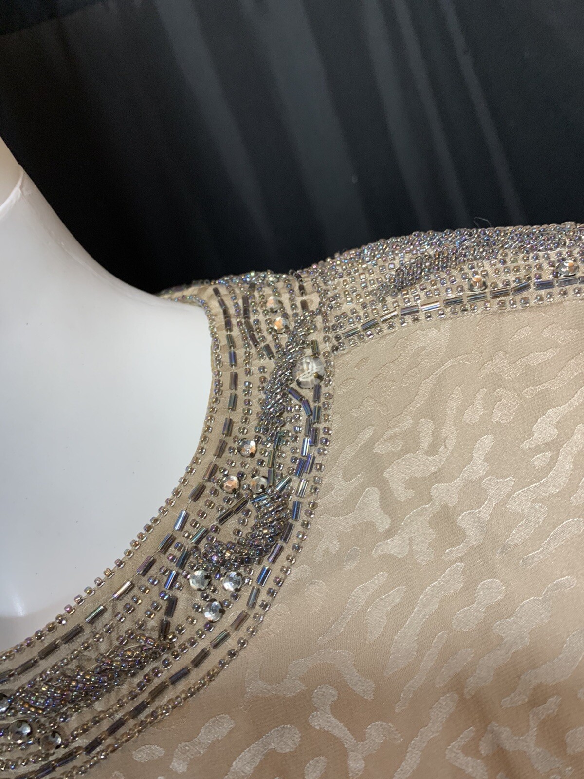 Vintage Heavy Beaded Dynasty Taupe Silk Dress Designer D’ore Animal Print Sz 14
