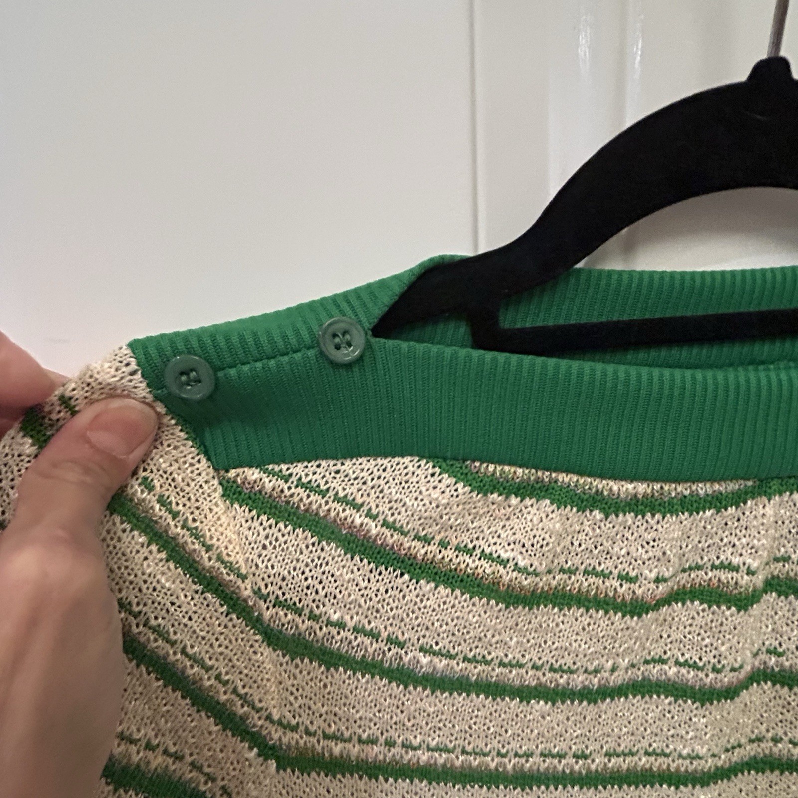 Vtg 1970 Jerell of Texas Green Beige Metallic Striped Sweater Sheath Dress Sz 5