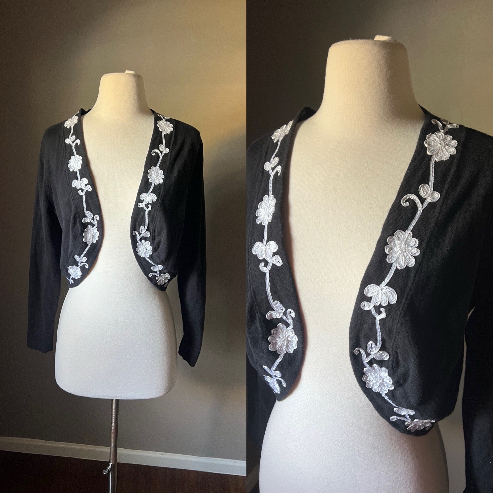 Vintage Y2K 90s Bolero Top Medium Black Floral Embroidered Shawl Fairy Cottage
