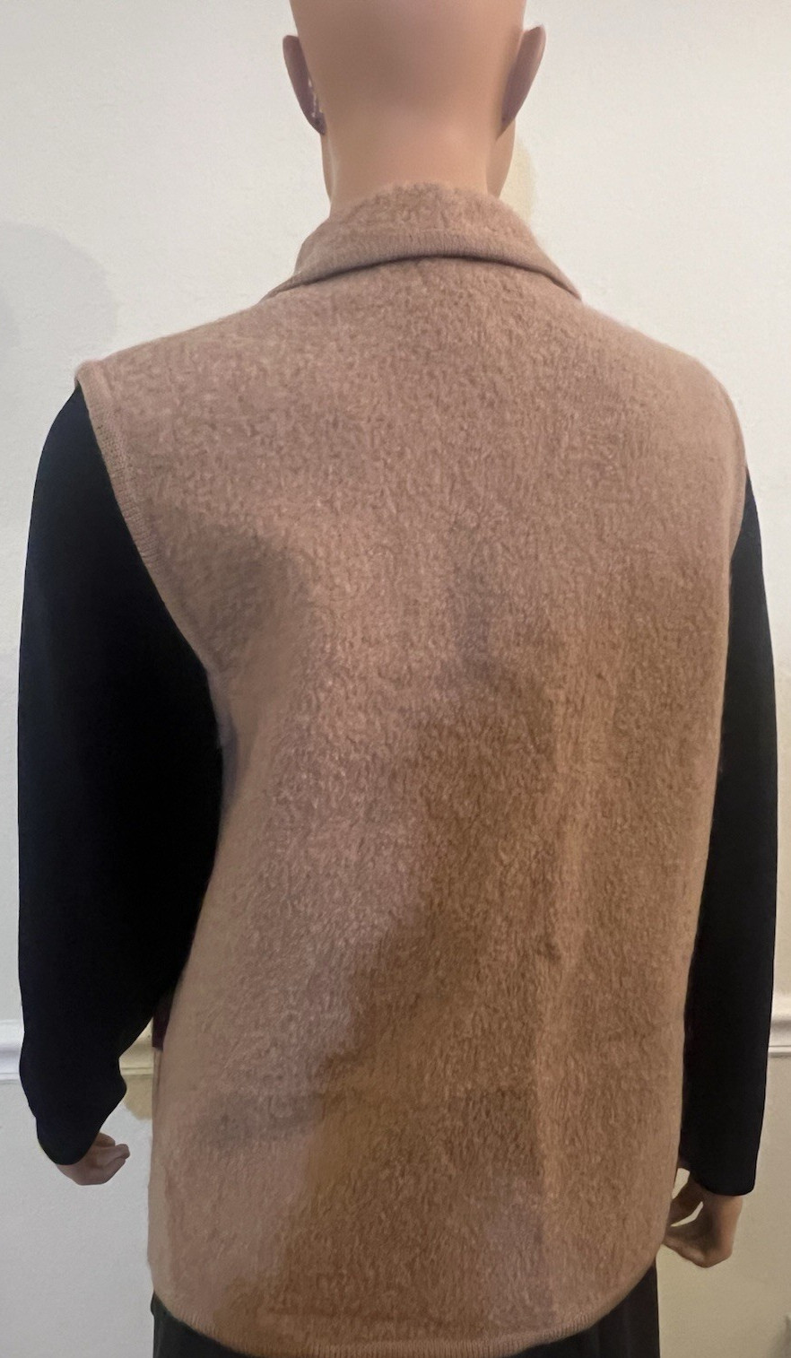 Vintage 70s Pom Pom Vest M/L Faux Fur 100% Wool Tie Neck Camel Tone