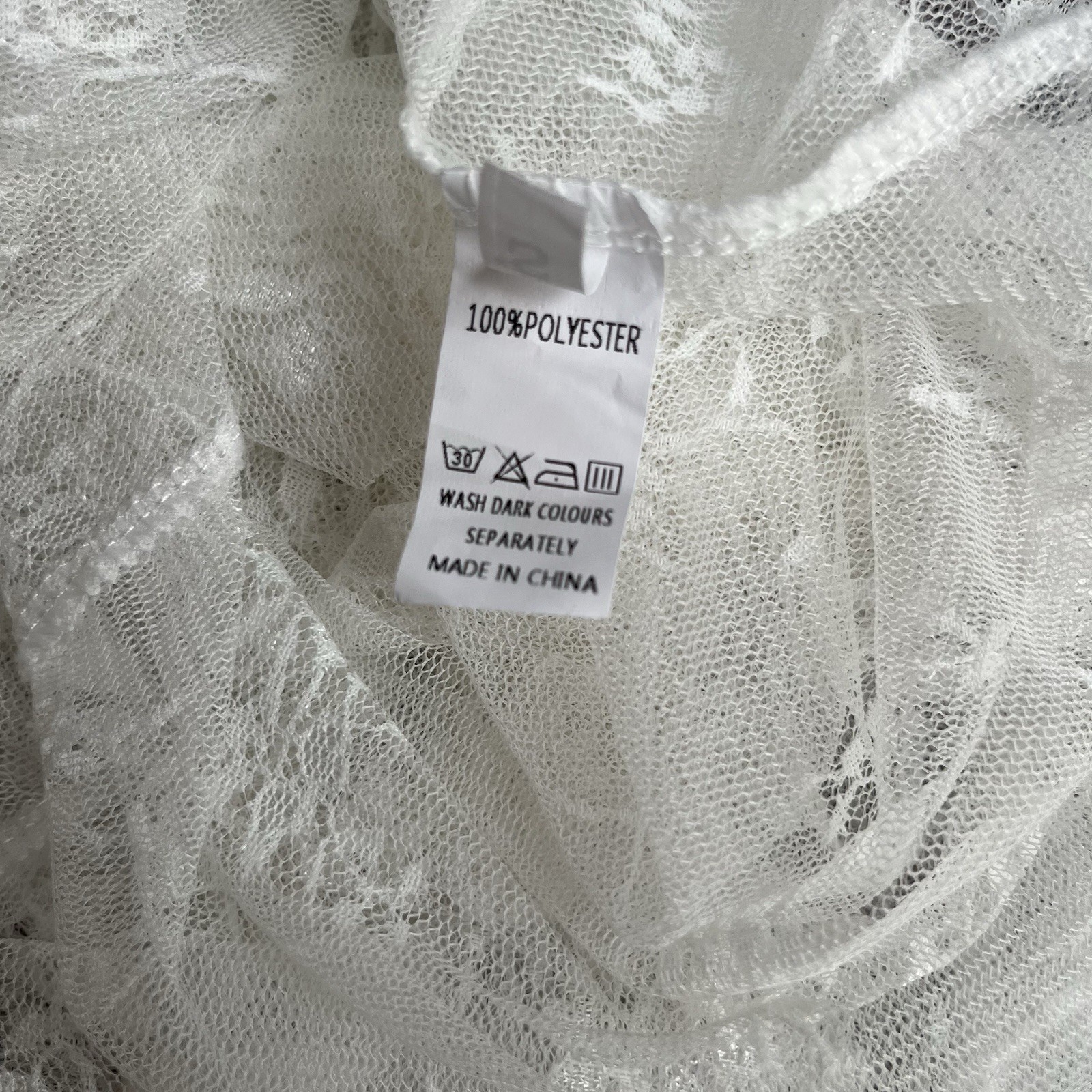 SHEER STRETCH LACE T-SHIRT BLOUSE WHITE FLORAL LONG SLEEVE HIGH NECK SZ S