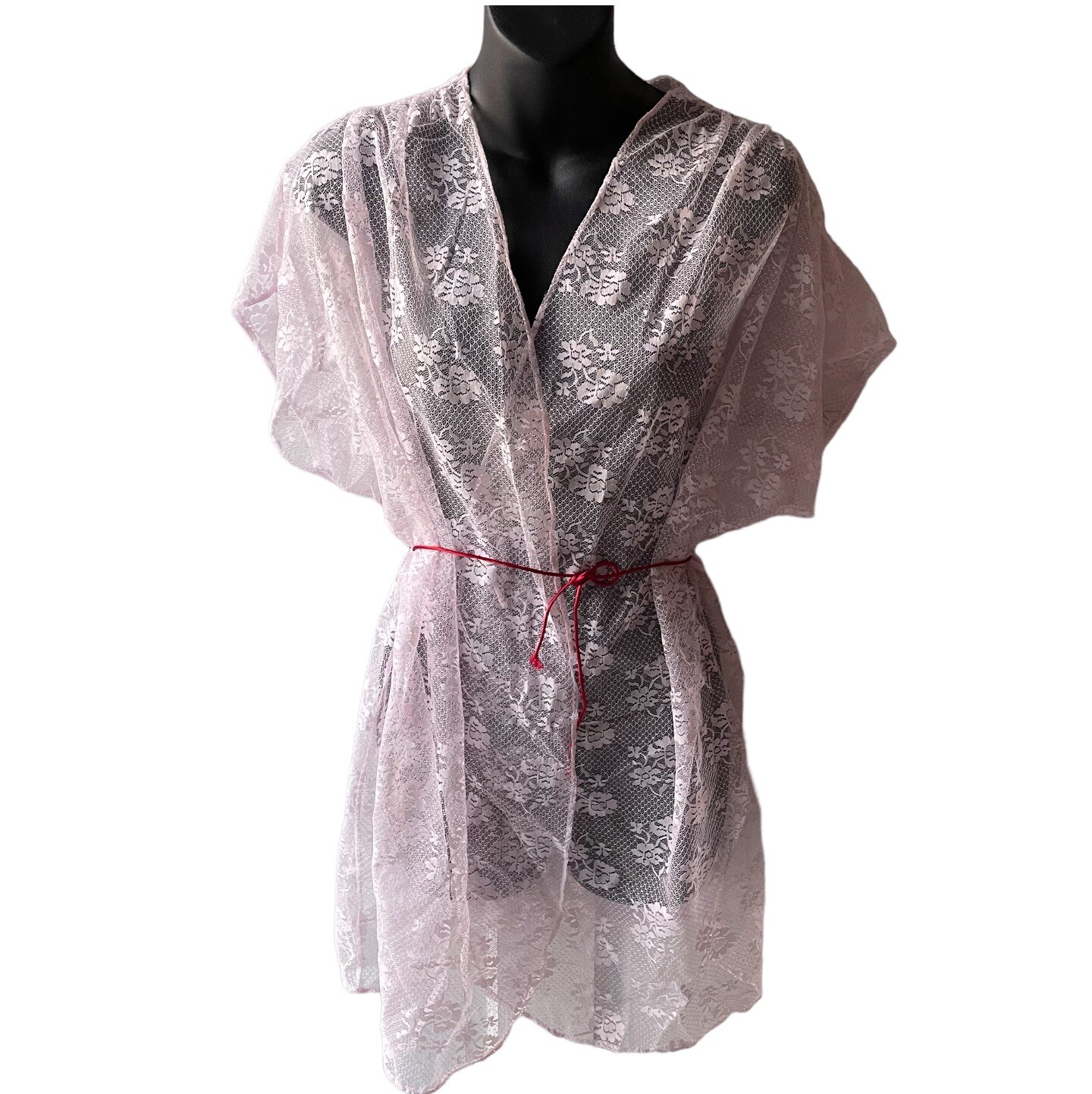 Vintage 80s Coquette Girl Pink Lace Dust Jacket Short Negligée Robe Women’s M