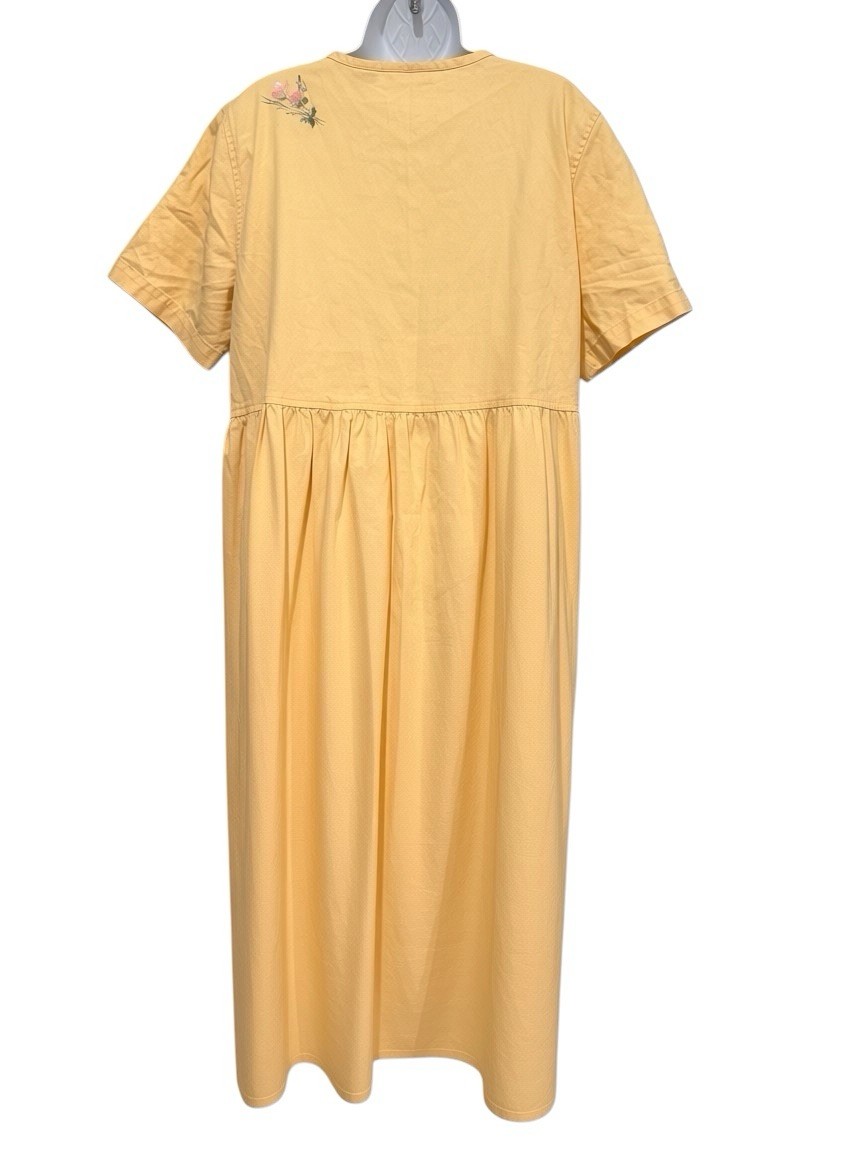 Vintage 90s Sunbelt Midi Dress L Yellow Handpainted Floral Cotton Button Front