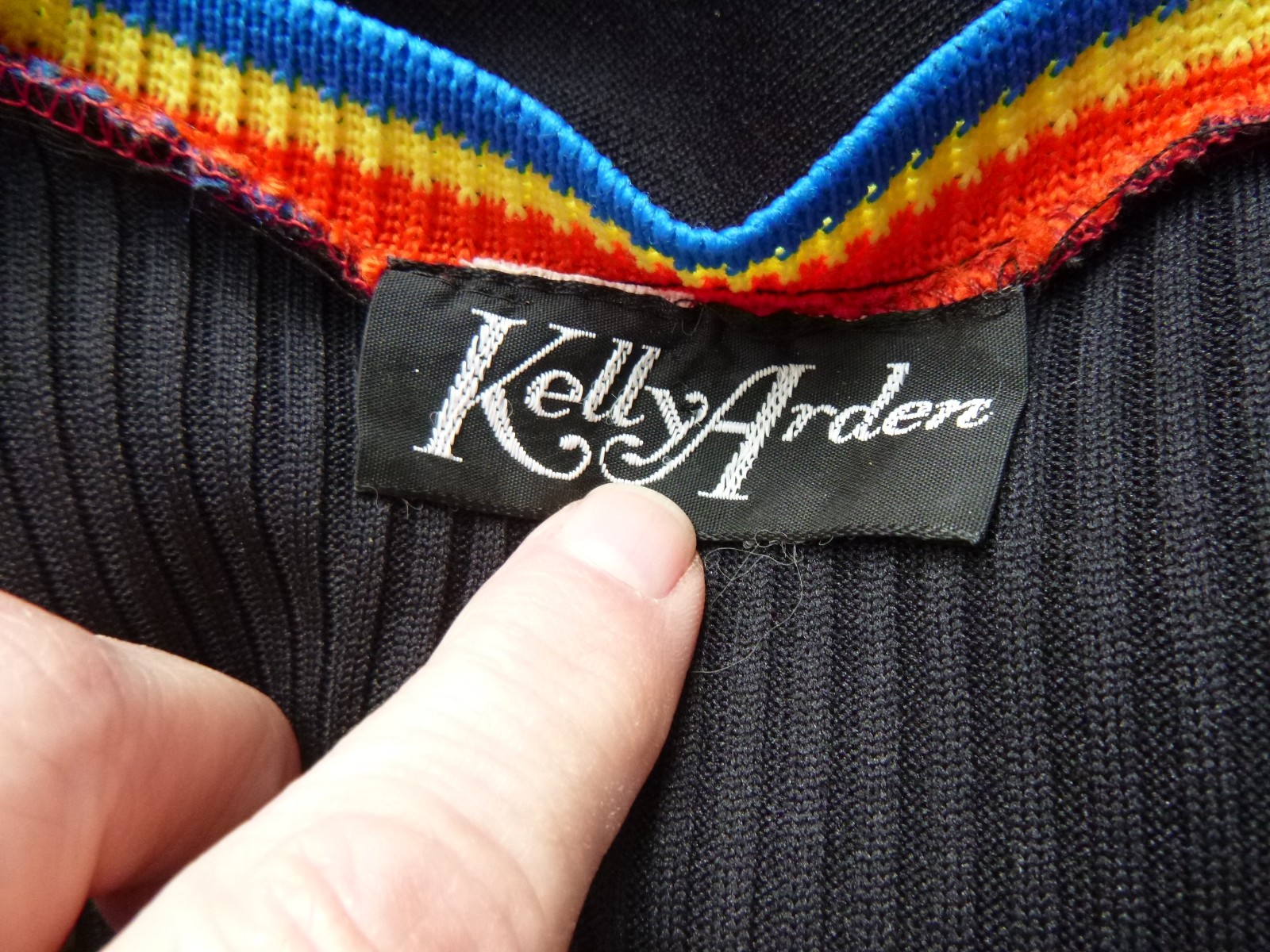 Vtg 70s Kelly Arden Stretch Poly Mini Dress W/ Cardigan Black Rainbow Trim Sz S