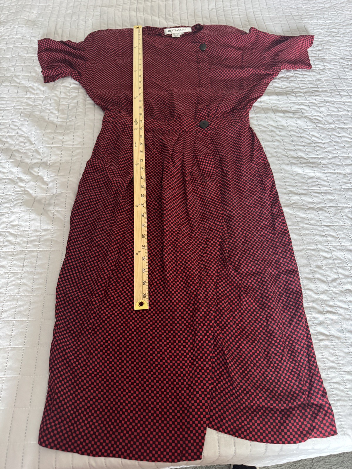 Vintage Ms Chaus Wrap Dress Red Black Check Rayon Midi Pockets Size 14 USA