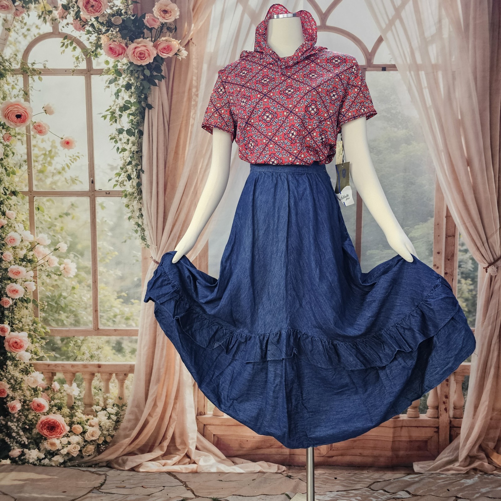 Vintage 1970s Skirt Denim Blue Jean Ruffle Flowy Midi Length Retro Chequers