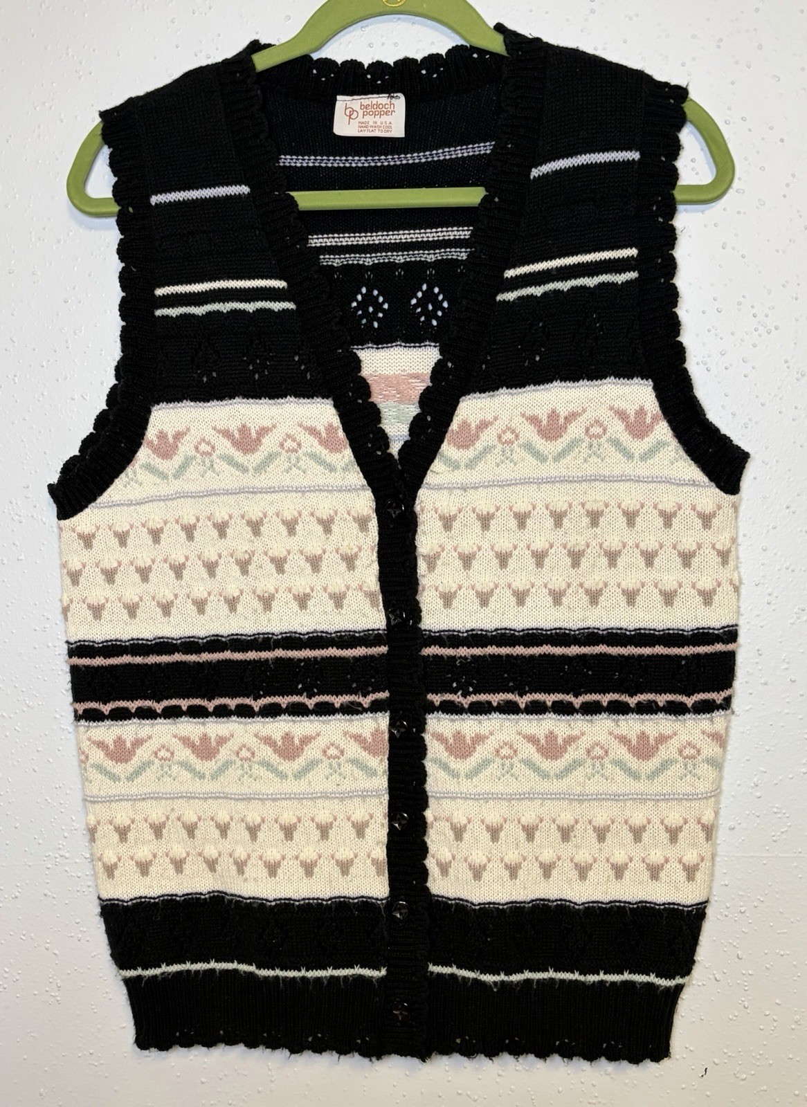 Vtg Beldoch Popper Sweater Vest Wmns Sz M Button Front Scallop Edges Cottagecore