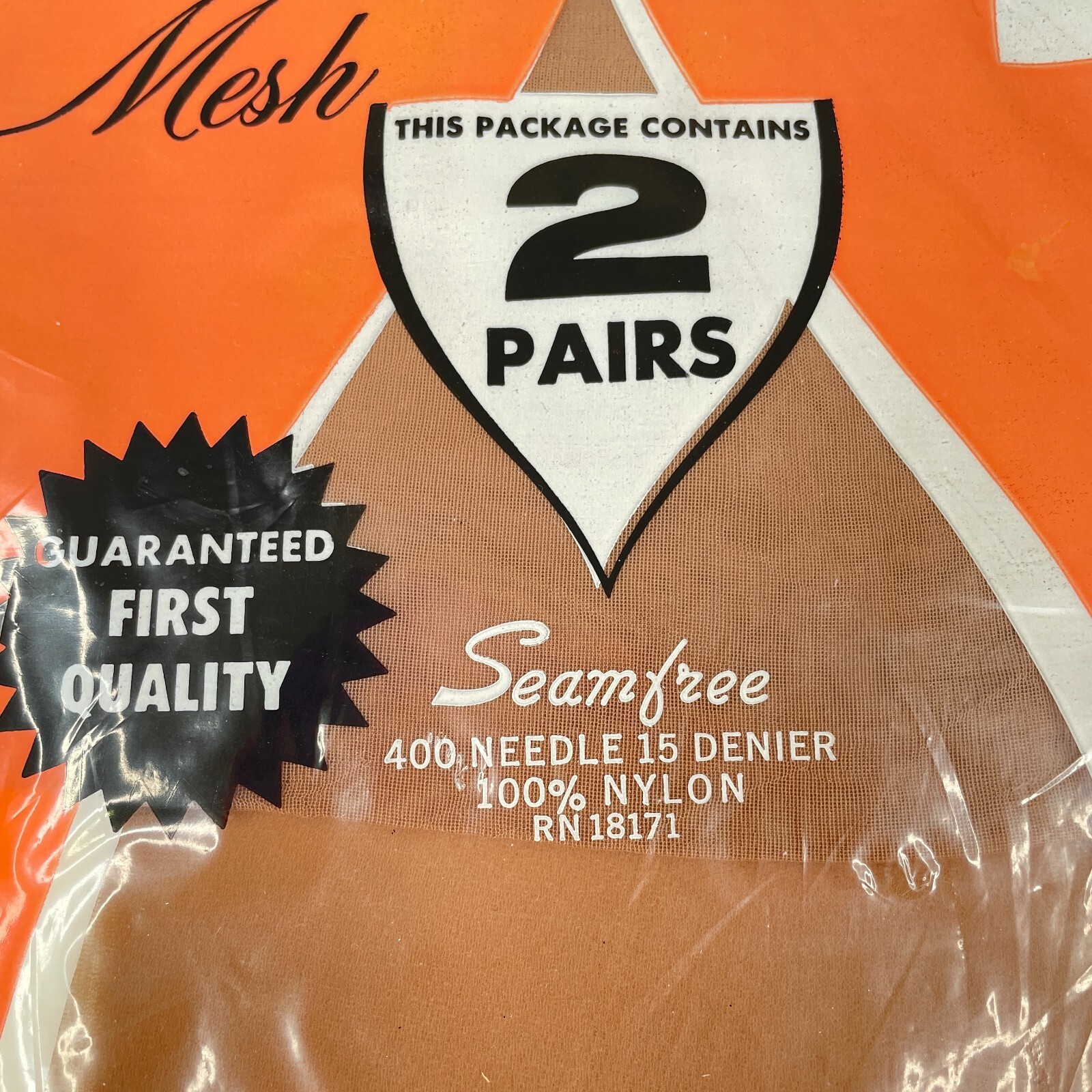 Vintage First Quality Seamless Mesh Stockings Sz 8 1/2 Medium Beige NOS