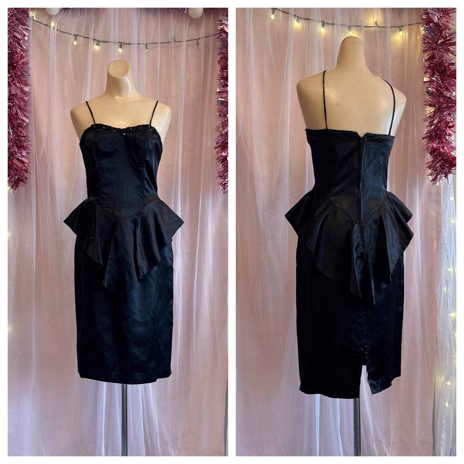 Vintage 80s 90s Black Peplum Mini Dress Cocktail Strappy Cocktail Evening XS/S