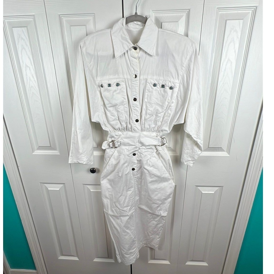 80s Western Shirt Dress Boho Coastal White Cotton Turquoise XS S