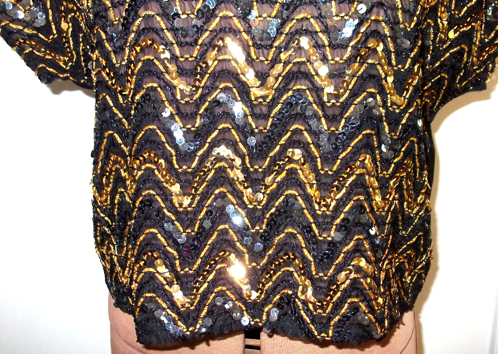 Vtg Black ADAMO Gold SEQUINED Pullover SHORT SLEEVE Evening Cocktail TOP/Size S