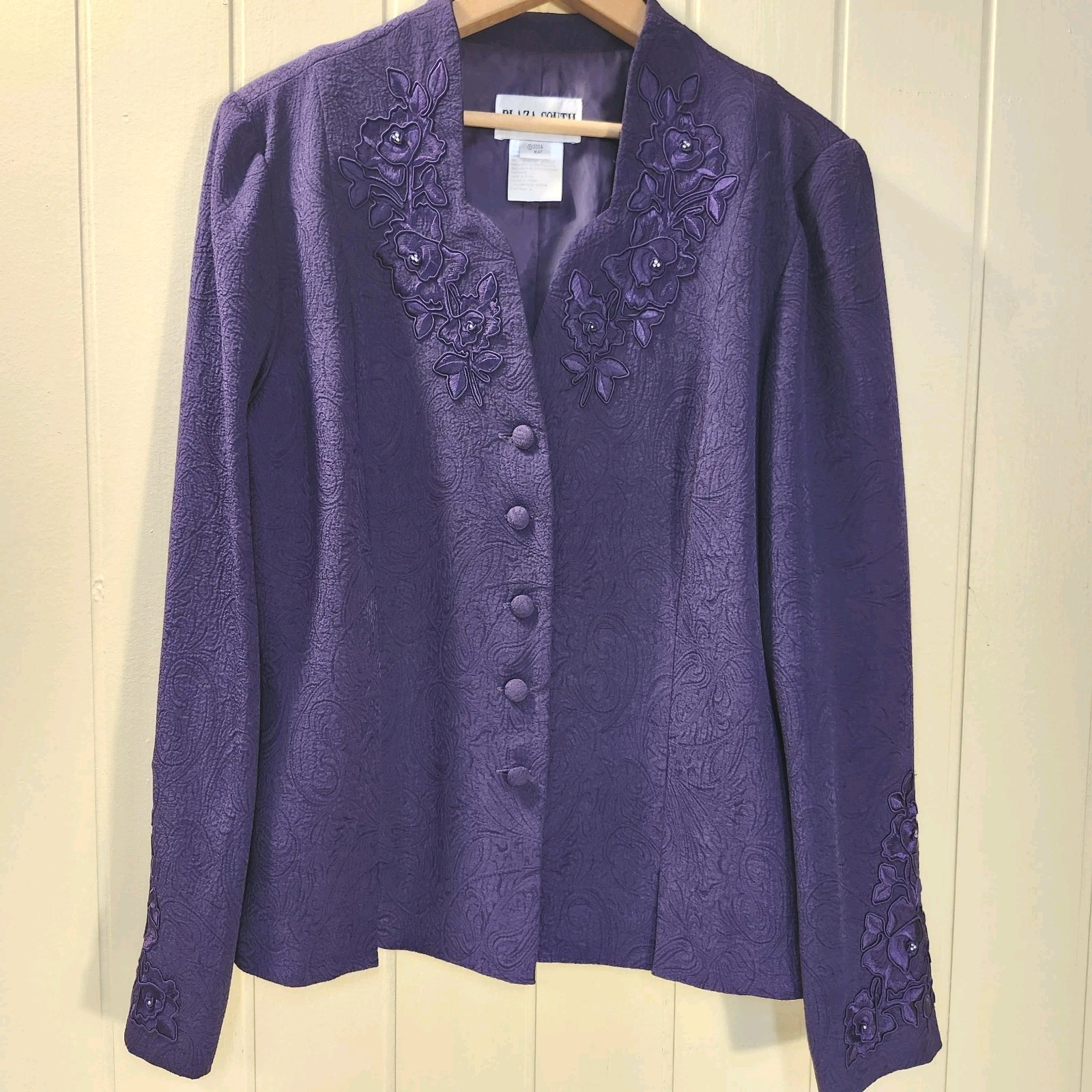 Vintage Y2K Plaza South Purple Dressy Top Sz 10 Floral Beaded Button Long Sleeve
