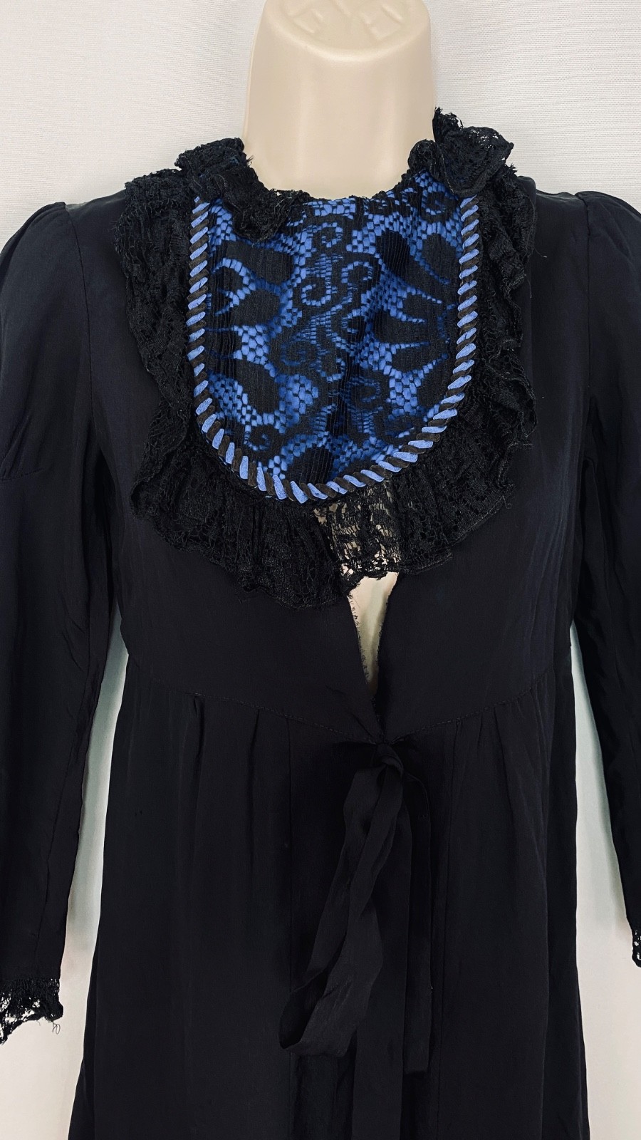 Vintage 1900s black dress XXS teen girls’ long puffed sleeves blue lace midi