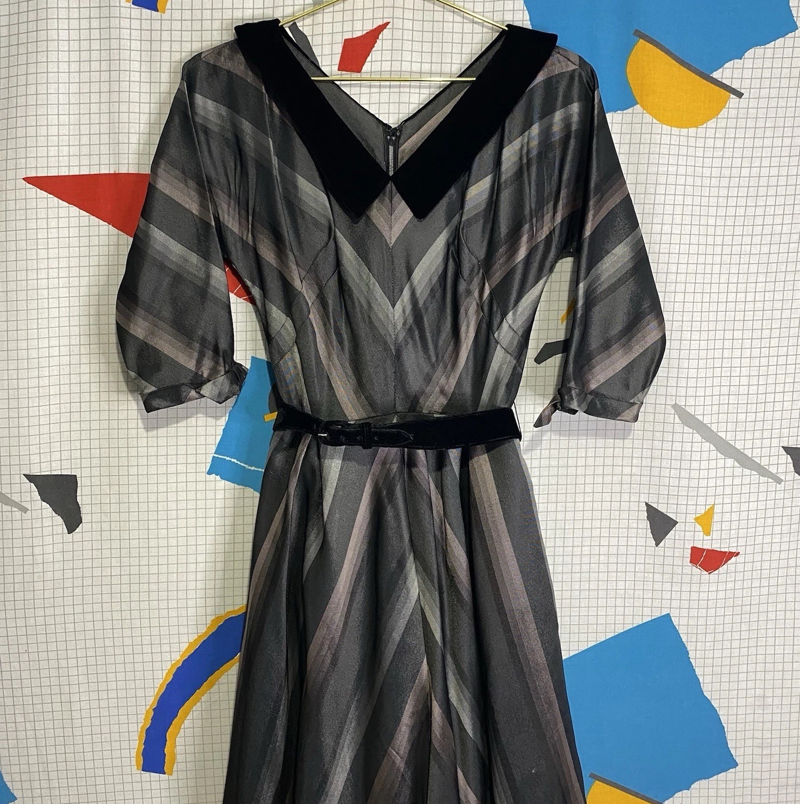 Vintage 40s 50s R&K Chevron Dress Velvet Stripe M Ombré Rockabilly Lurex Taffeta