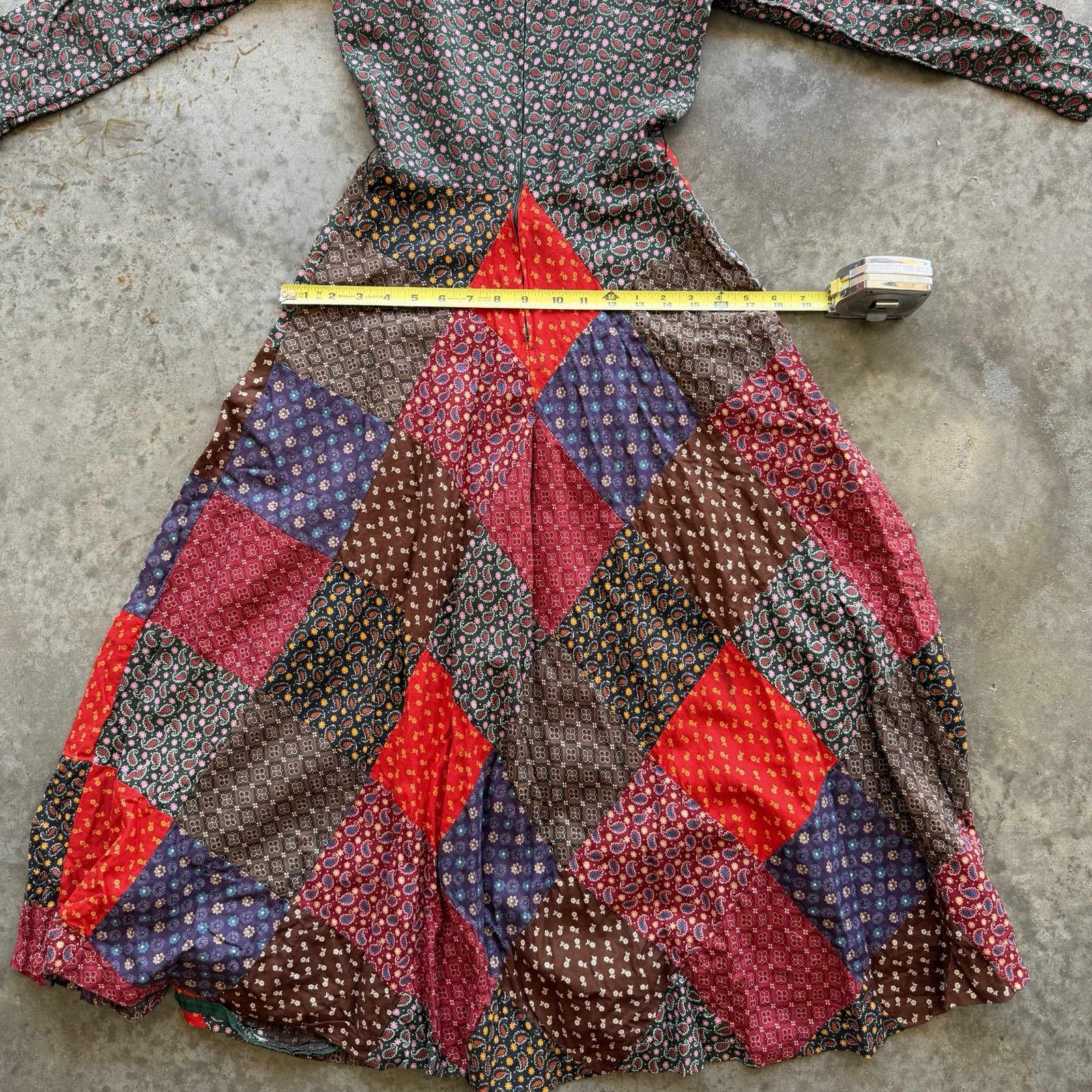 Vintage 70s Paisley Patchwork Dress Size 7 (XS) Long Sleeve Hippie Boho Festival