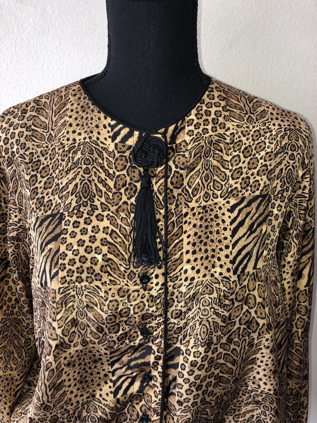 Vintage ’80s/’90s Leopard Animal Print Silky Blouson Blouse Banded Waist Large