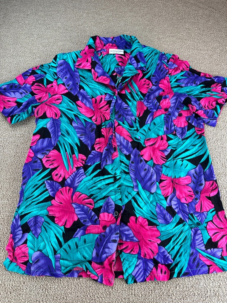 Alfred Dunner Hawaiian Shirt Womens Sz 12 Floral Pink Button Down USA VTG