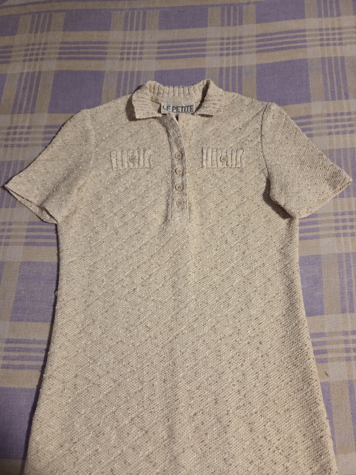 Vintage 70’s Leslie Fay LF Petite Tan Short Sleeve Dress 12 Button 60s 80s