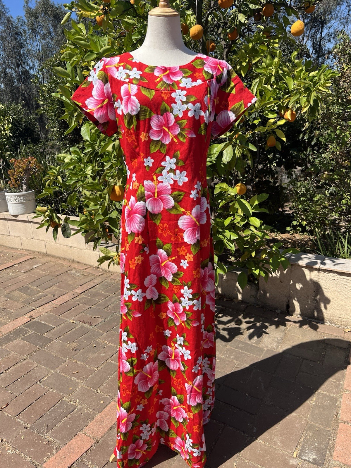Vintage 60s 50s Ui-Maikai Red Hawaiian Maxi Dress Pink Hibiscus Floral Cotton LG