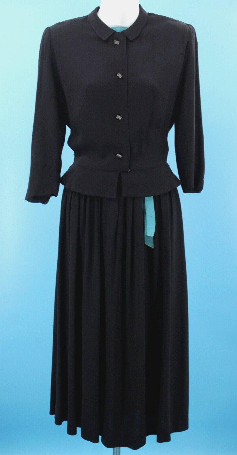 Vtg Women’s 40s Black & Teal Trim Shirtwaist Dress W/ Peplum XS/S 1940s