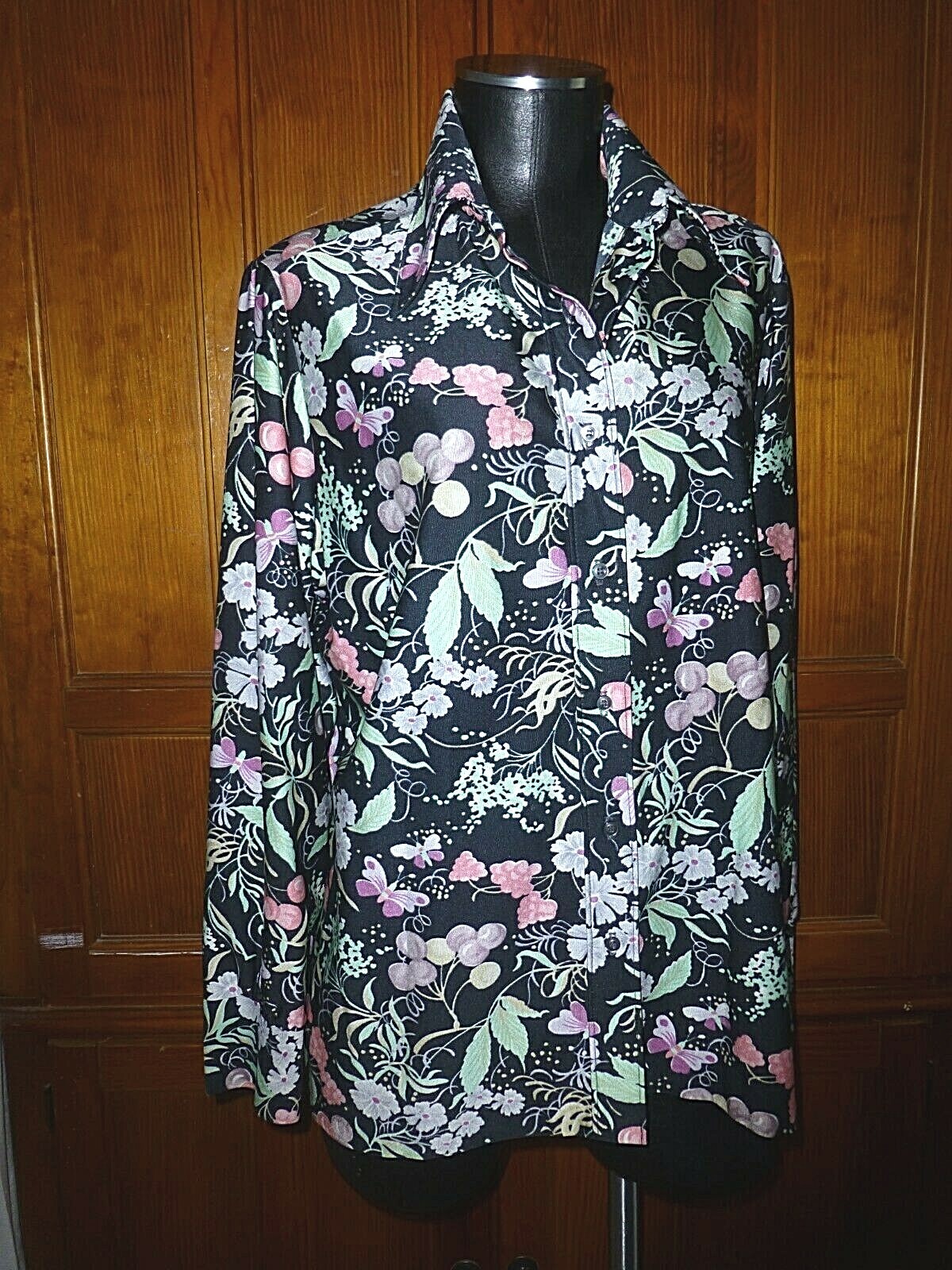 Vtg 70s Ship’n Shore FLORA FAUNA Print Nylon knit hippie Shirt BLOUSE TOP XL