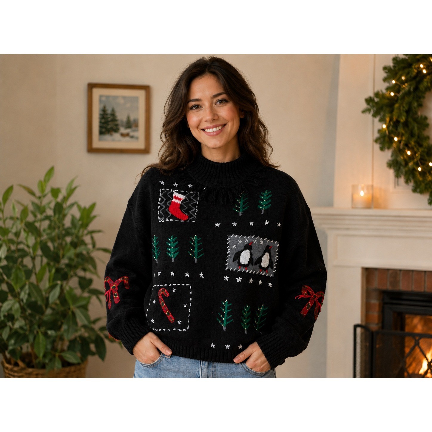 Vintage Christmas Sweater Women Large Black Fringed Mock Neck Penguin Stocking