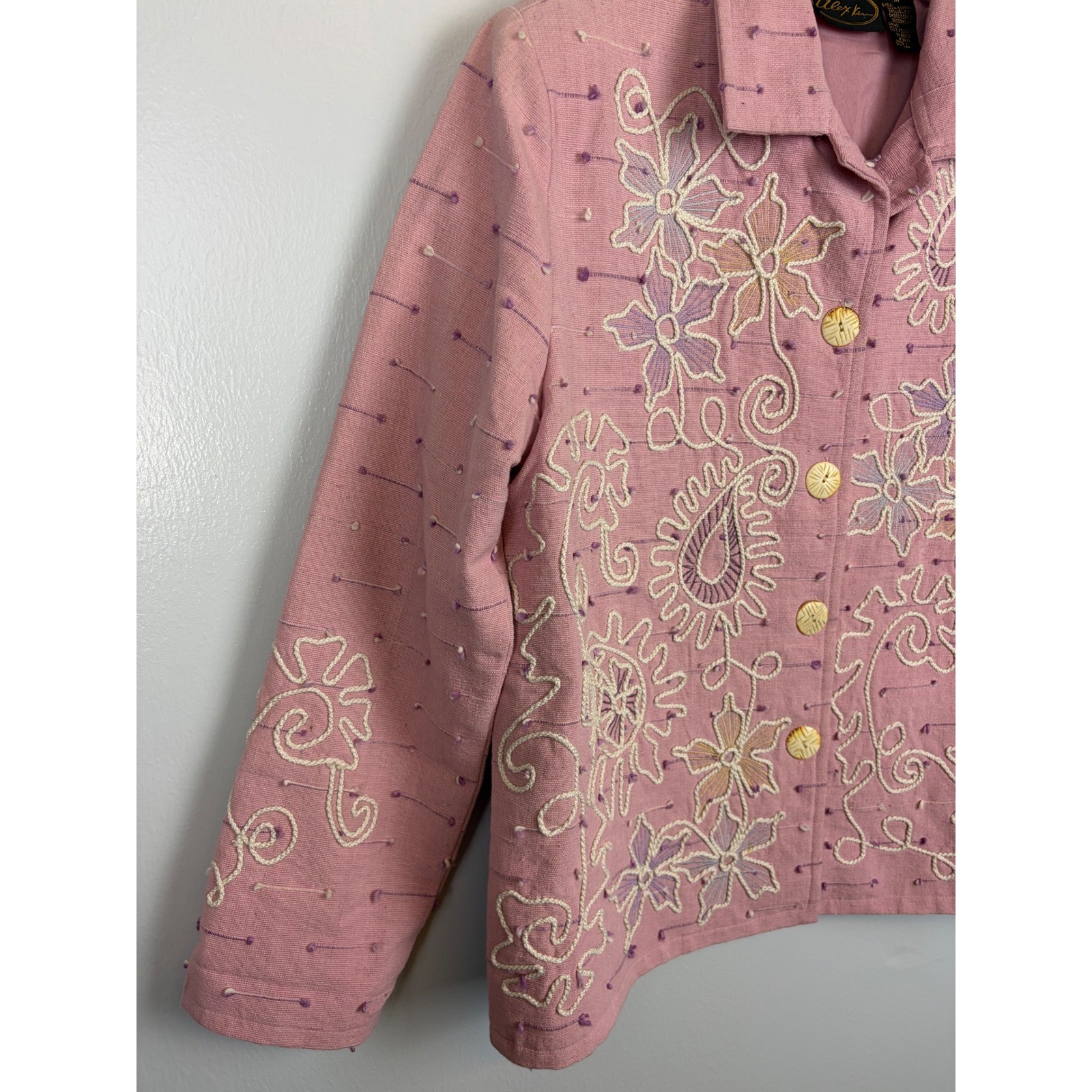 Alex Kim Pink Embroidered Floral Cotton Jacket Medium Art To Wear Boho Statement