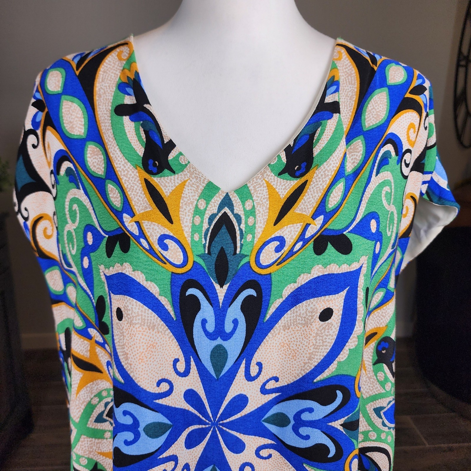 Anthropologie Maeve Folksong Shift Dress Womens XL Blue Green Bird Floral Casual