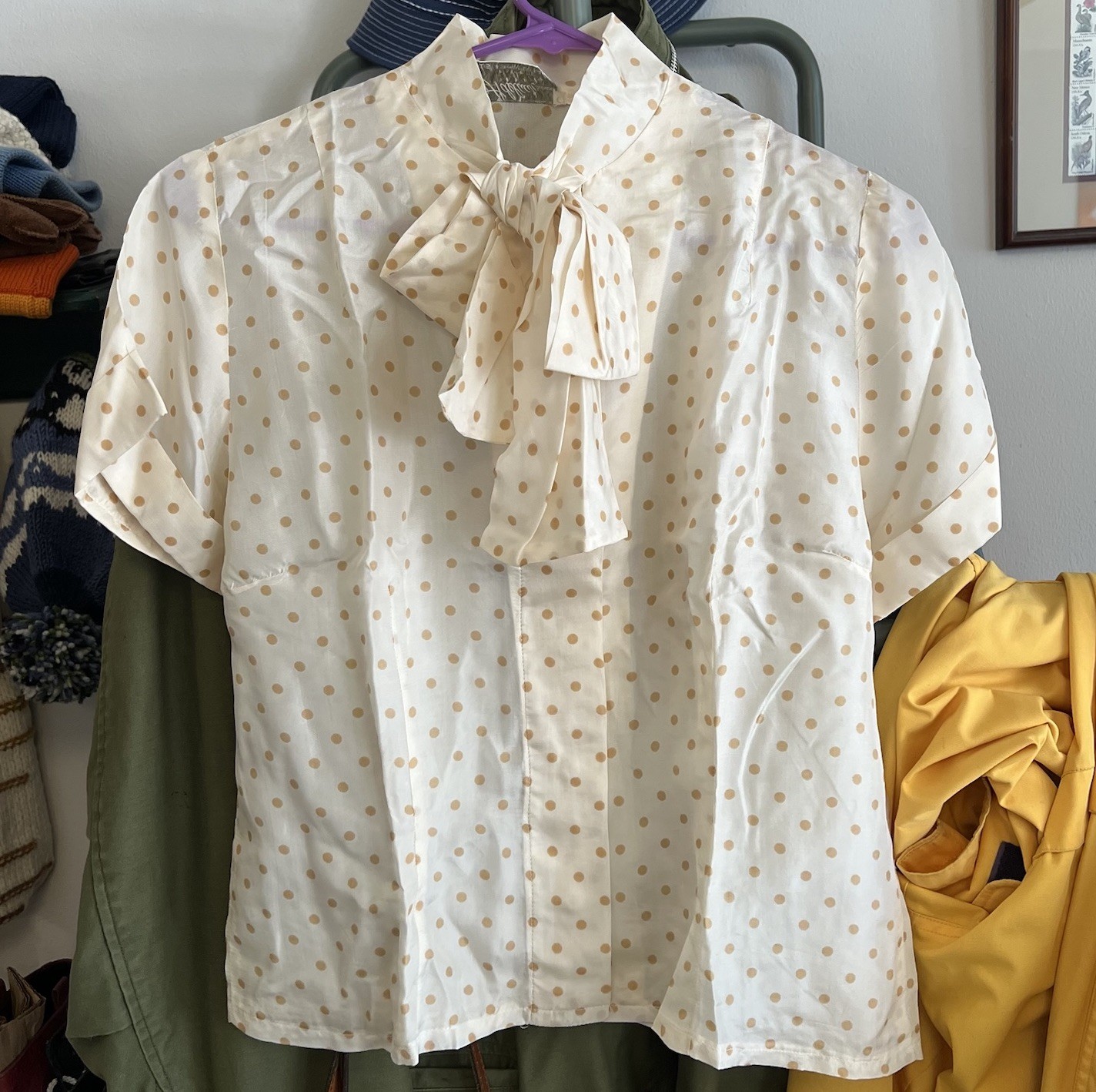 Vintage 50s Adelaar 100% Silk Blouse Polka Dot Cream Pussy Bow Short Sleeve