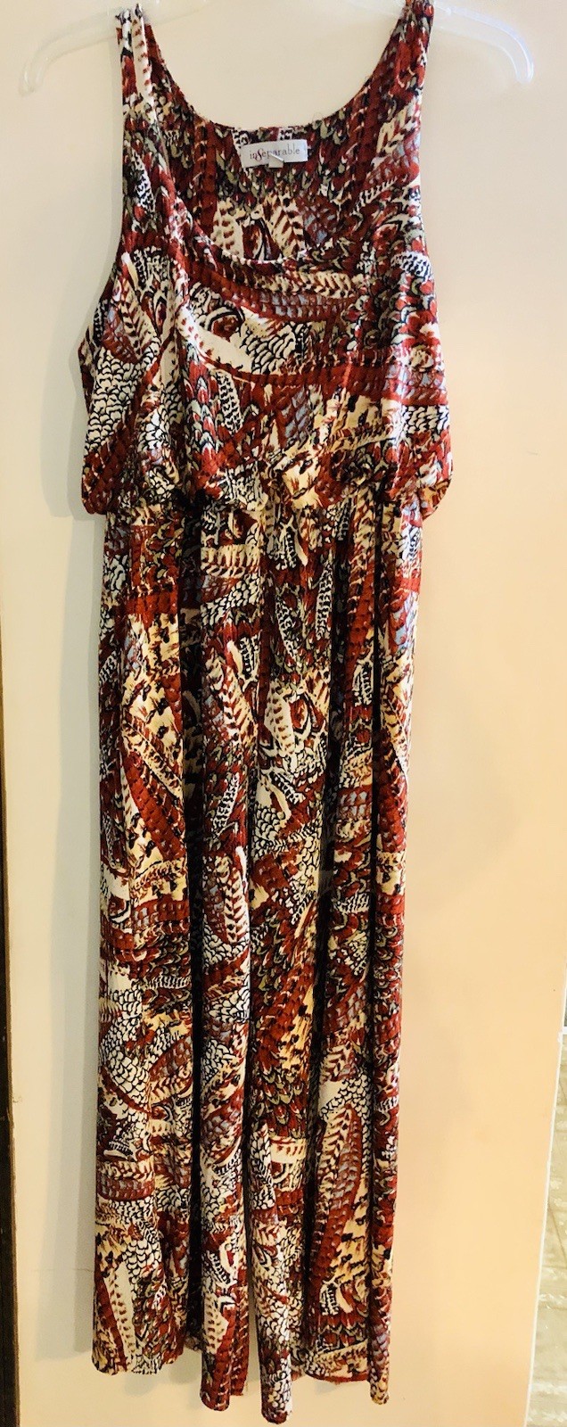 Women’s Size M Sleeveless 1 Piece Long Pants Orange Print Romper 53” Neck To Hem