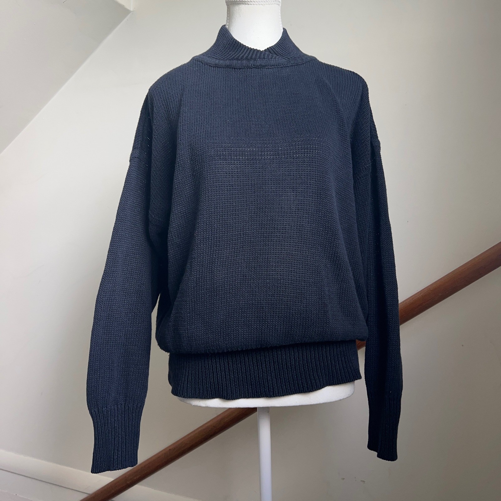 Vintage Baggy Minimalist Sweater Black Button Back Unique Mock Neck Knit Top M