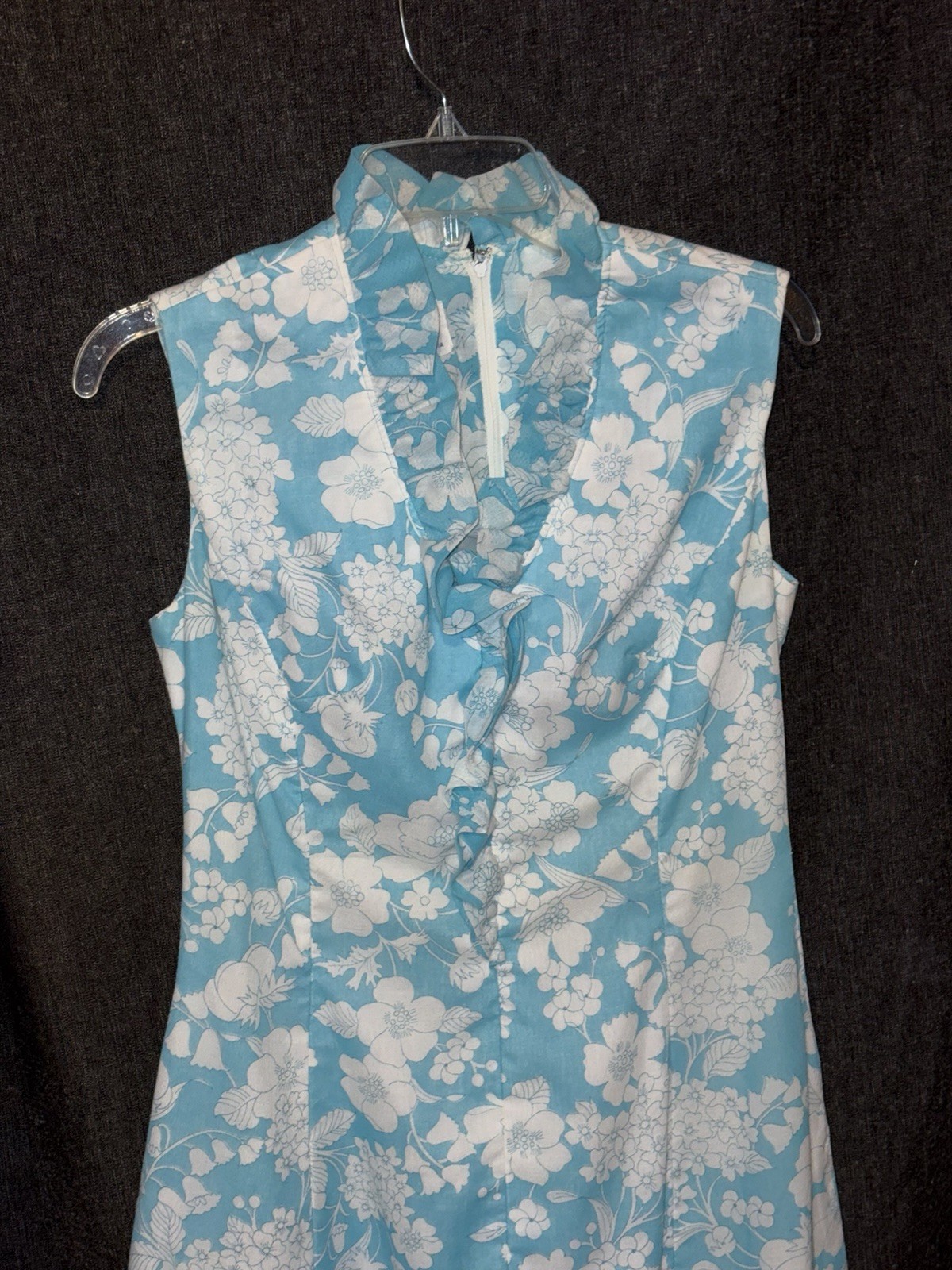 Vintage 60s 70s Edith Flagg Dress Turquoise Ruffled Neck Hem Lined Medium MCM