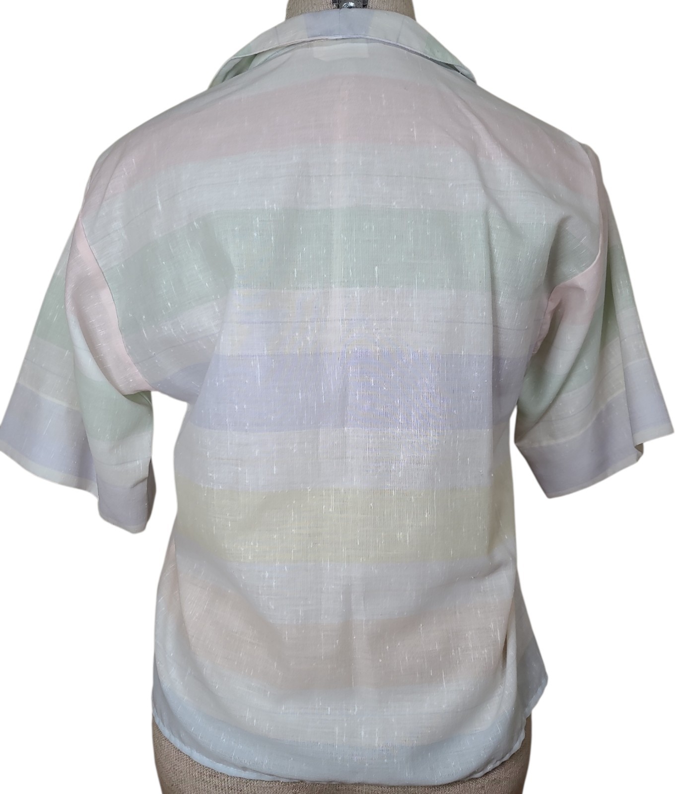 Carrie Beene Vintage 70s Button Up Short Sleeve Neck Bow Pastel Summer Medium