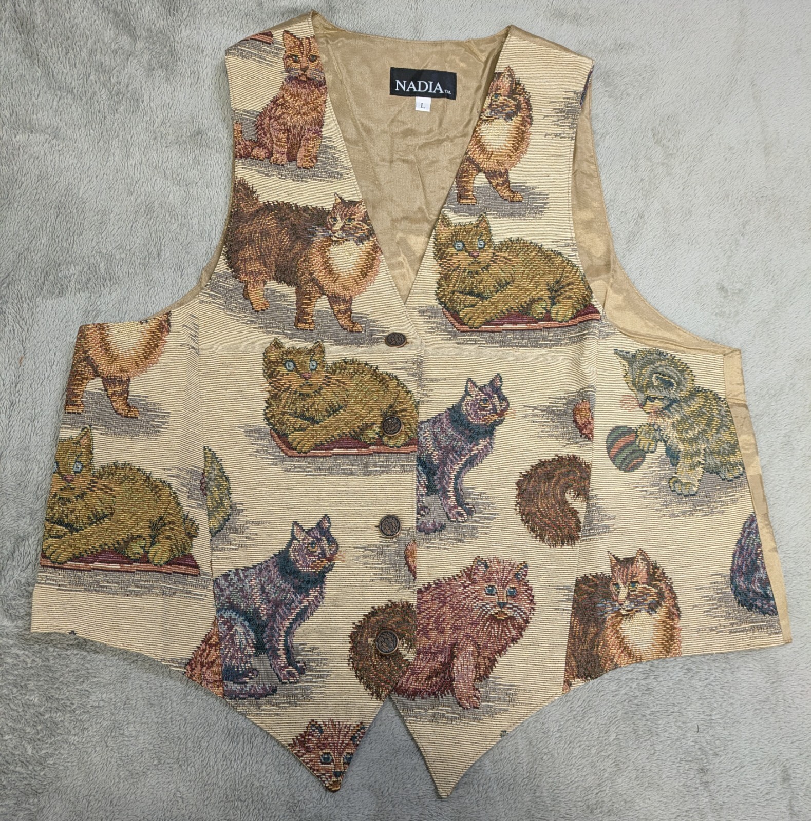 Vintage Nadia Embroidered KITTY CATS Tapestry Women’s LG Grandmacore Vest NEW