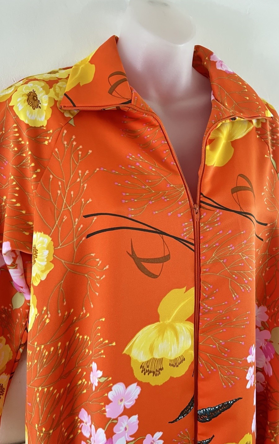 Vtg 1970s Montgomery Ward Hawaiian Orange Floral Maxi Mumu Kaftan Hostess Dress
