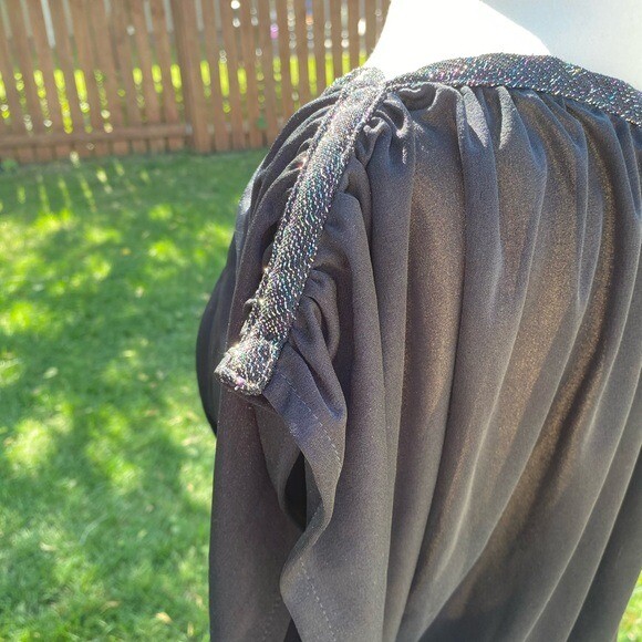 Vintage 70s Black Evening Dress Sparkle Rope Trim Split Cap Sleeve Tall Girl