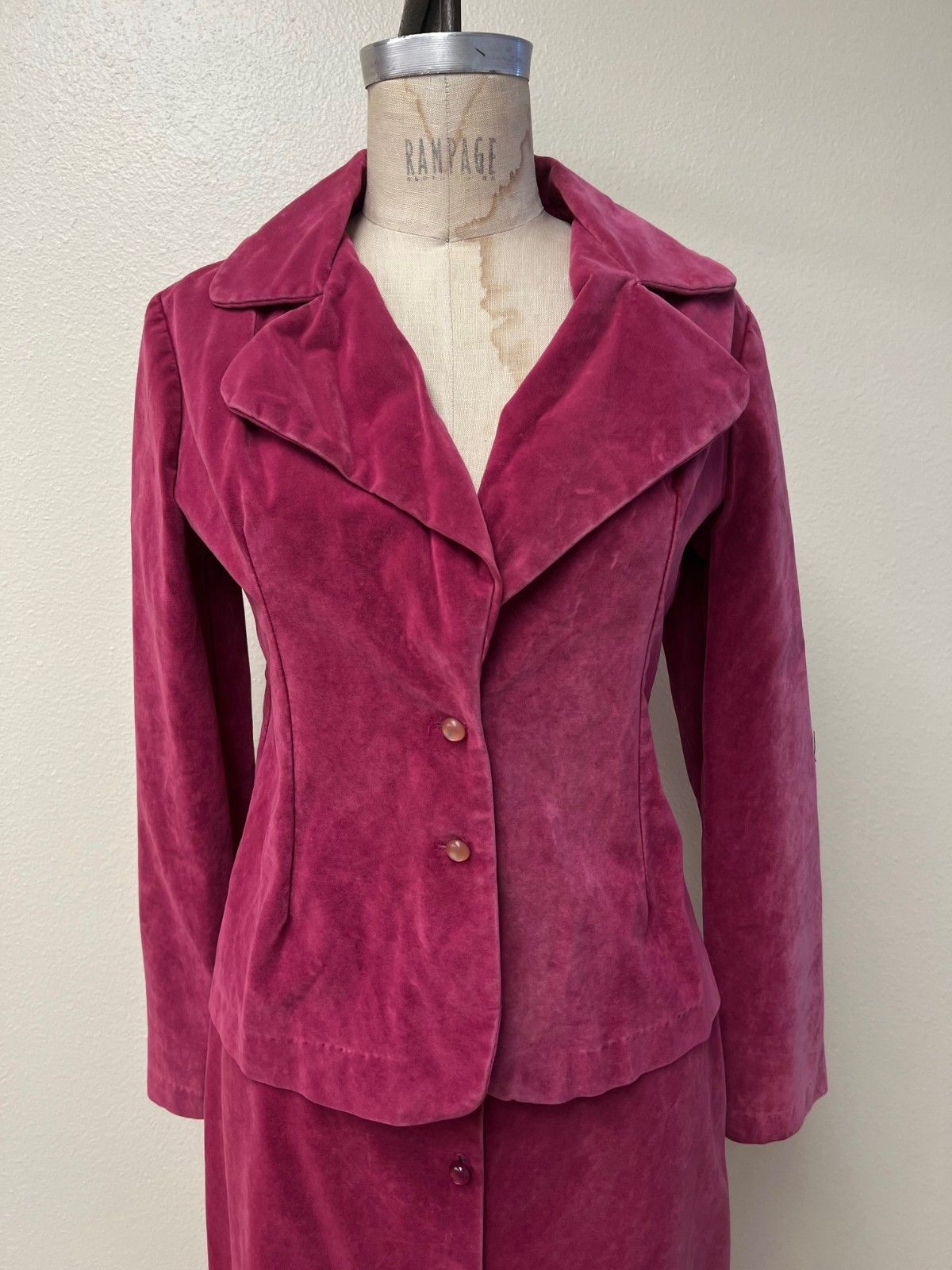 Vintage 1970s Lemon Frog Velour Pink Blazer and Maxi Skirt Set Pink Small