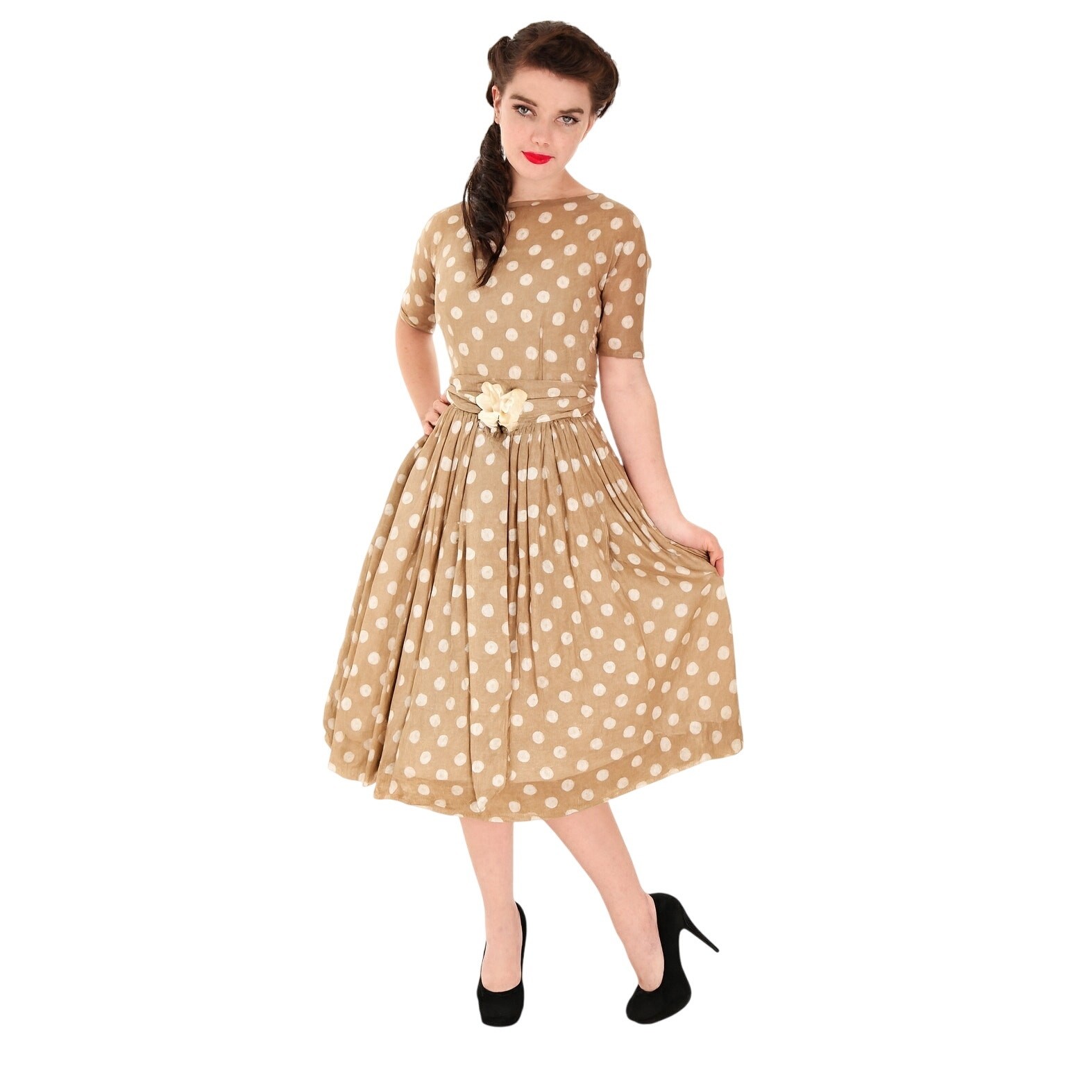 VTG 1950s Taupe Polka Dot Sheer Cotton Dress New Look