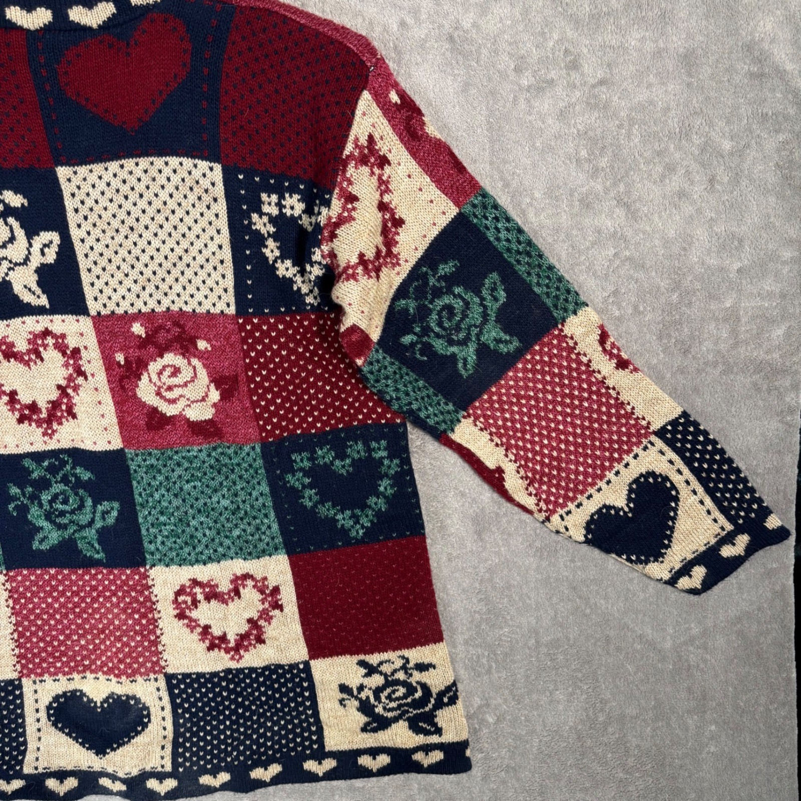 Classic Elements Vintage 90s Patchwork Heart Rose Knit Sweater Petite Large USA