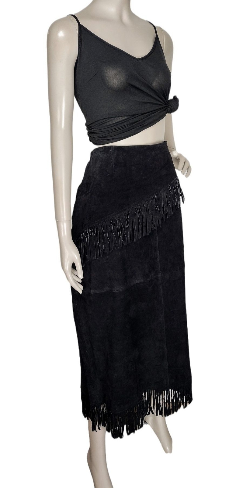 Vintage Boho Western Fringe Cowgirl Black Suede Full Length High-Waist Skirt