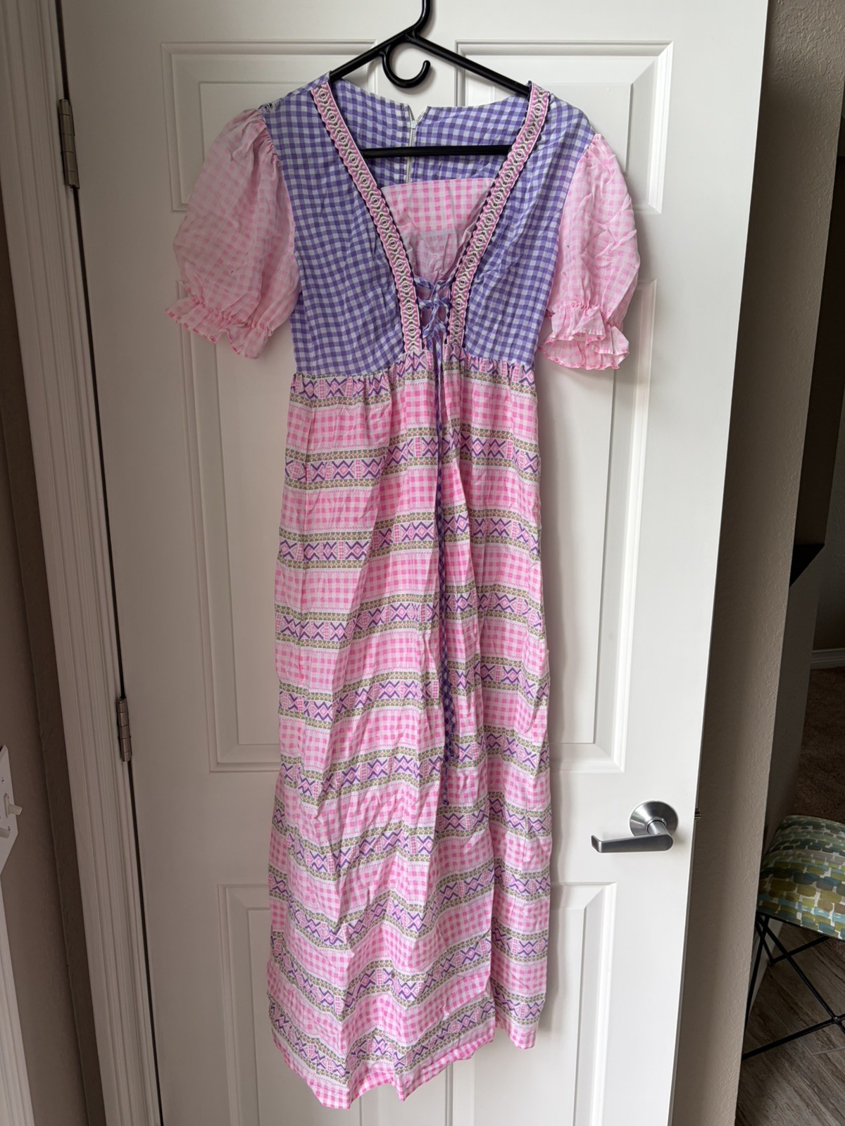 vintage 70s Girls Or XS boho hippie pink purple gingham prairie maxi dress