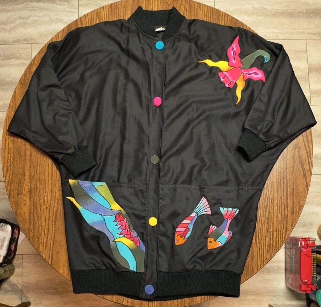 Vtg Silkscapes Silk Applique Fish Underwater Art to Wear Oversize Jacket O/S