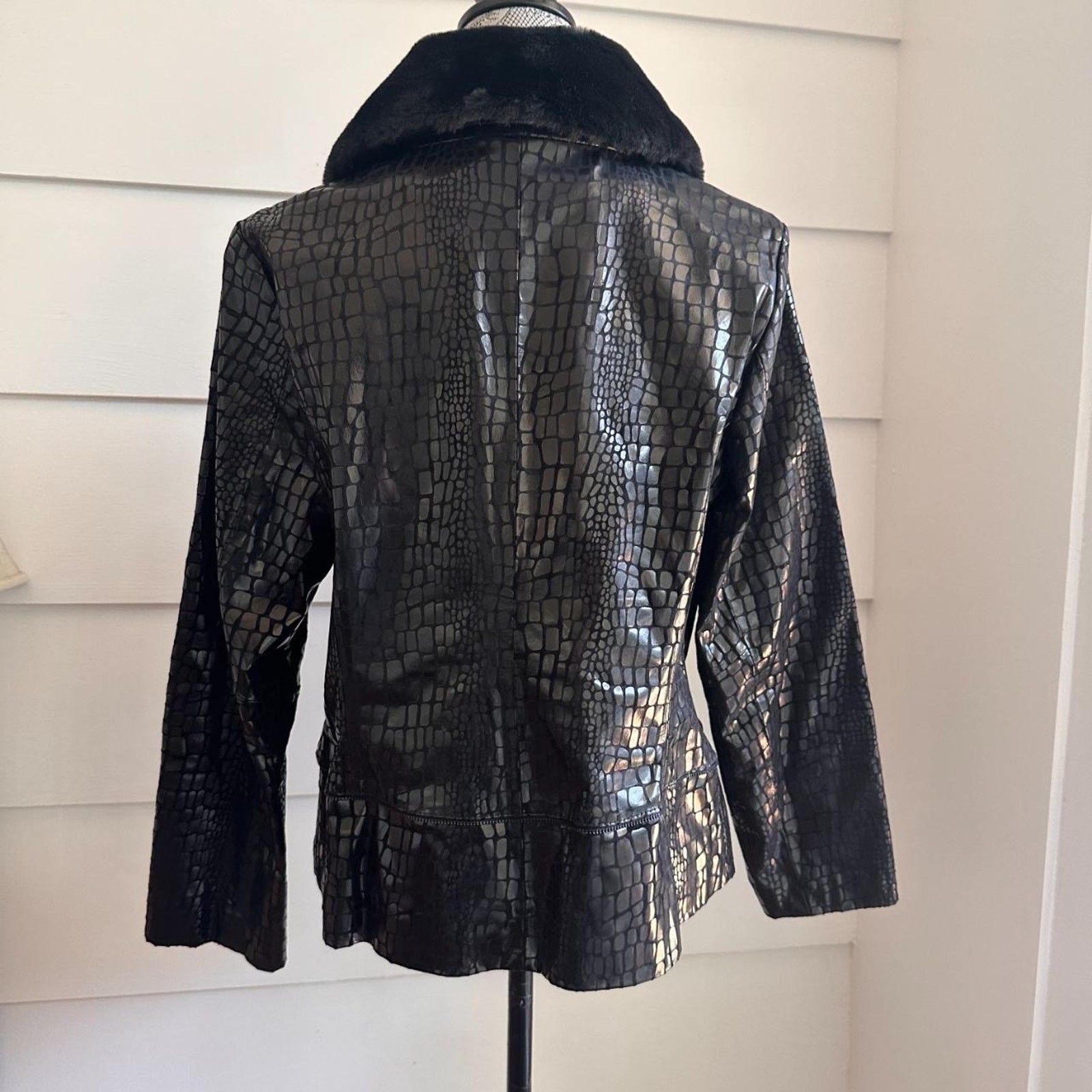 Y2K Black Leather Jacket with Faux Fur Collar by Bradley Bayou