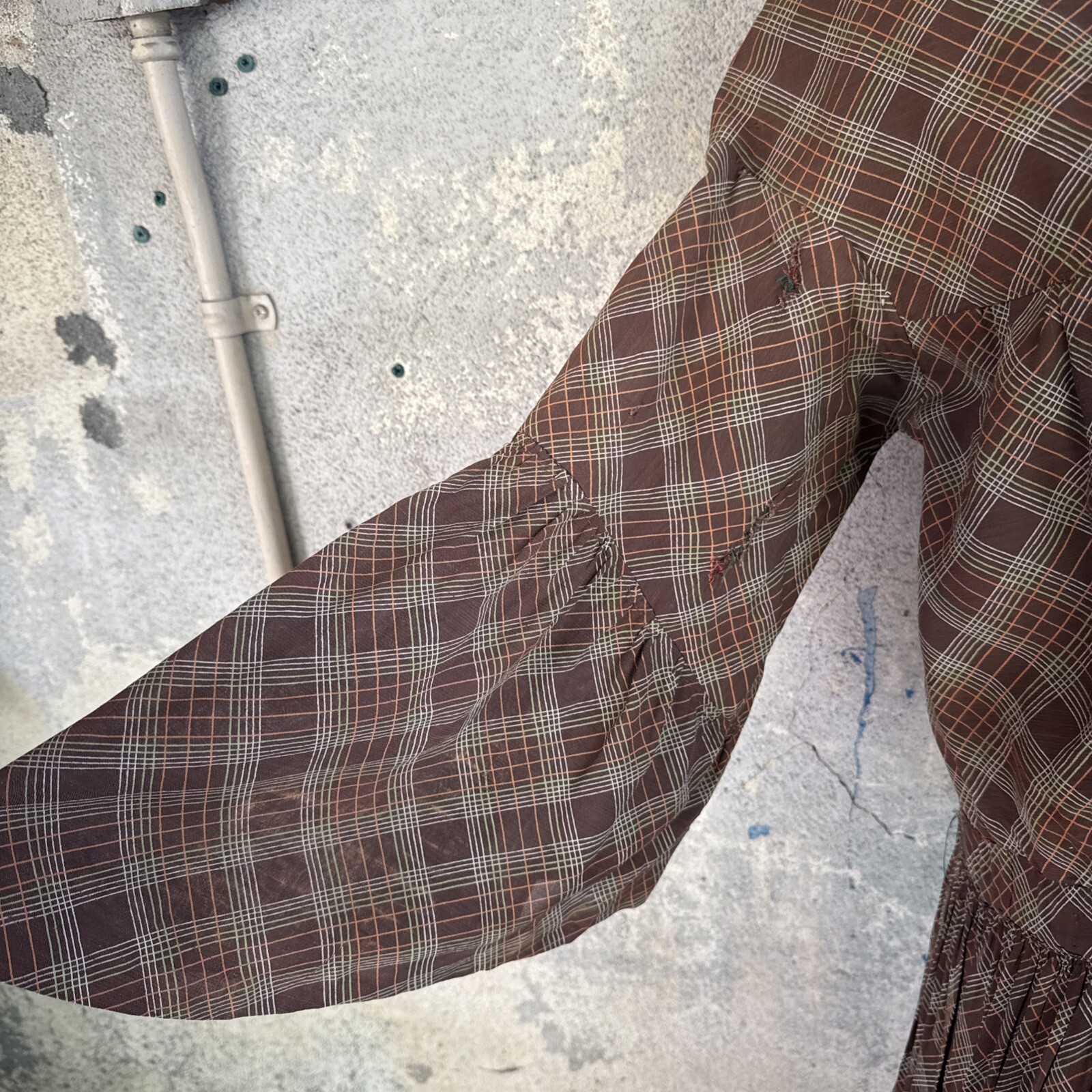 Vintage 1930s Brown Green & Orange Plaid Linen Dress Maxi Bell Sleeves Wooden